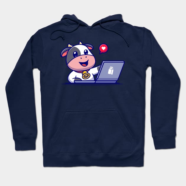 Cute Cow Working On Laptop Cartoon Hoodie by Catalyst Labs